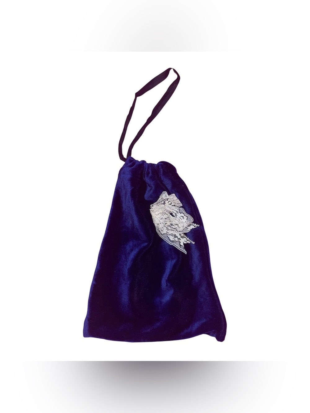 Vintage Blueberry Blue Velvet Drawstring Bag with White Bow - Picture 4 of 6